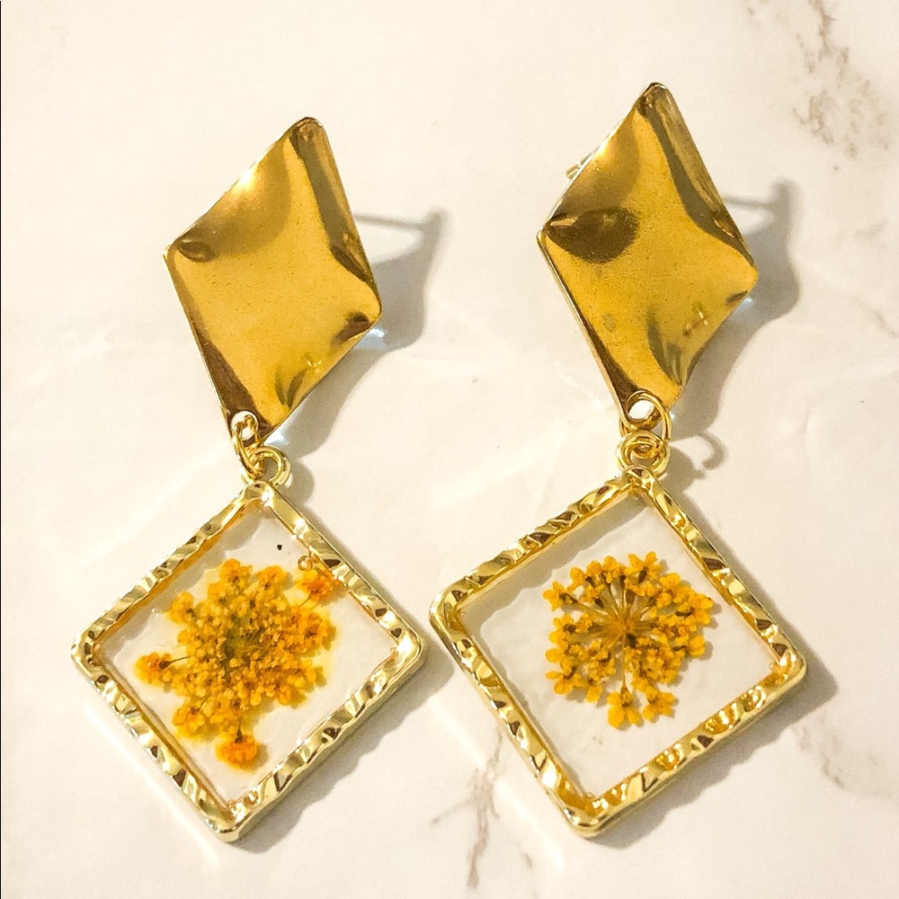 Pressed Yellow Flower Dangle Earrings